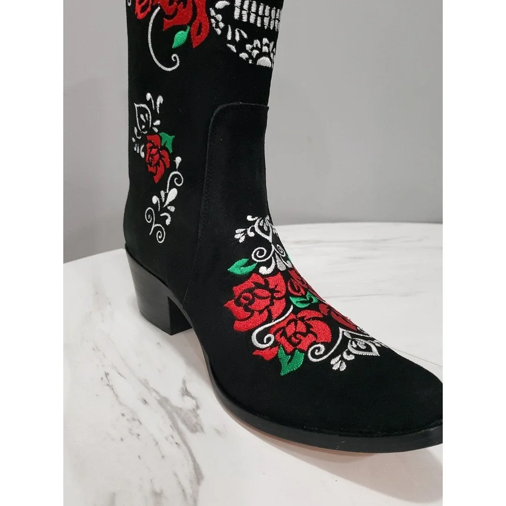 Agave Sky Suede Western Boots Calavera Cowboy Skull Roses Day of The Dead Witchy